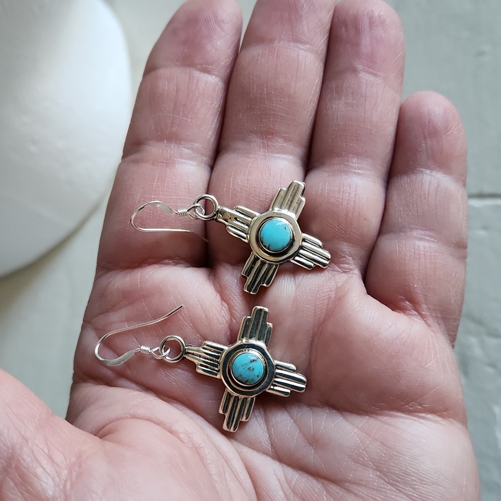 NWOT Native American Navajo Turquoise & Sterling Zia Sun Dangle Earrings 🩵🌞🩶 - Picture 9 of 11